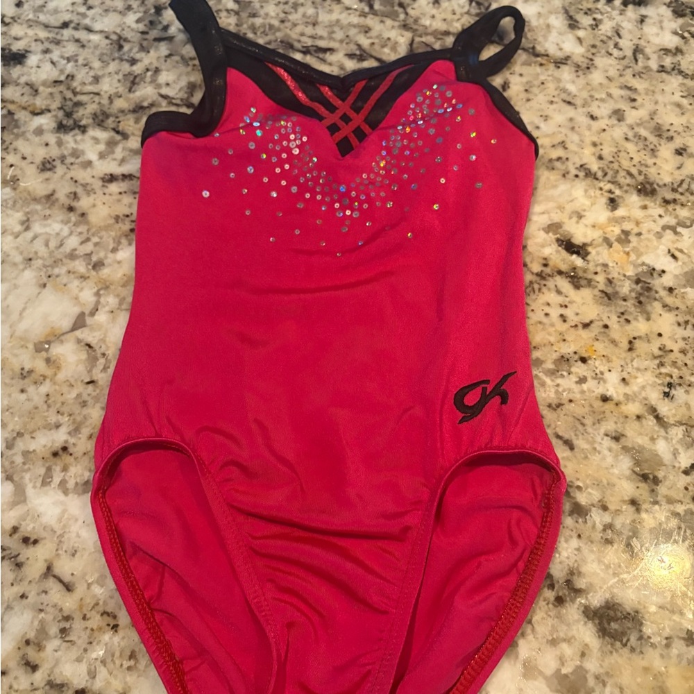Red Leotard with Black Straps and Rhinestones